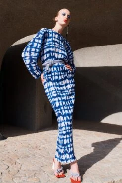 The Mirabelle Dress In Cobalt Blue Painted Check -Solace Dress Shop solace london os21061a mirabelle blue painted check shoot 2