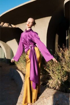 The Laramie Skirt In Gold -Solace Dress Shop solace london os27061b remmy ultra purple os27035 laramie gold shoot 1 1